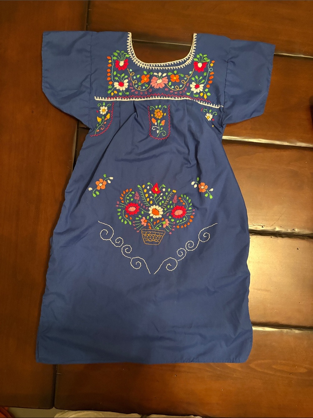 Girls Royal Blue Mexican Embroidered Dress with Floral Motif